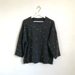 Zara Dark Charcoal Gray Pearl Embellished Top Size Large
